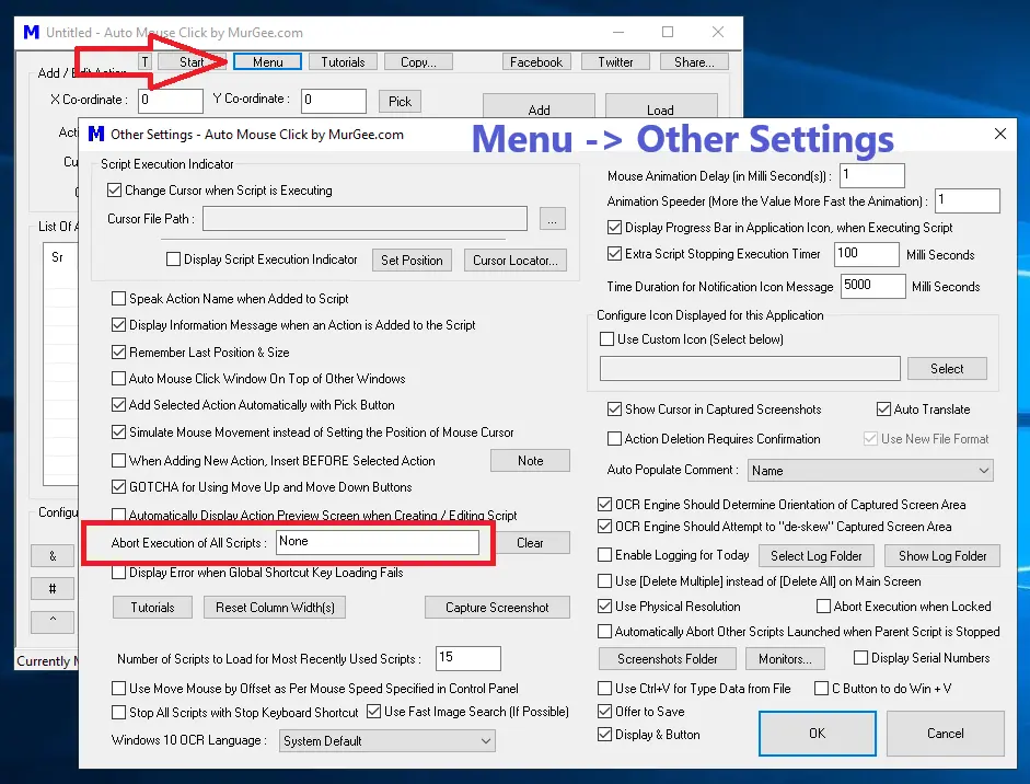 Screenshot of Other Settings Displays How to Configure Keyboard Shortcut to Stop / Abort Script Execution