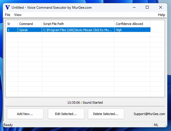 Screenshot of Voice Command Executor to Execute Macro Script with Pre-Configured Voice Commands