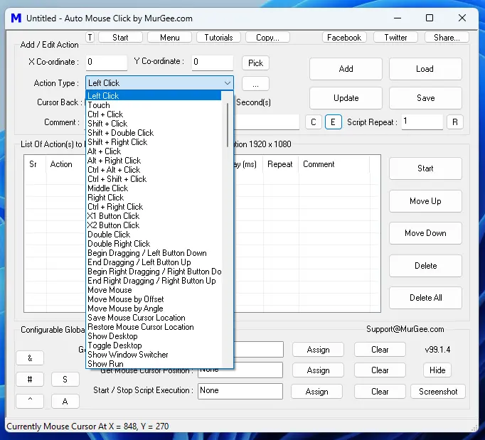 Actions Menu of Auto Mouse Click Utility Actions Menu of Auto Mouse Click Utility