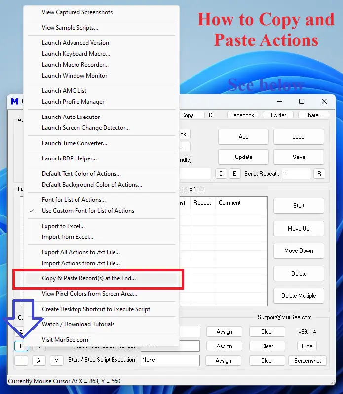 Copy and Paste Actions in Script with Easy to select Single or Multiple Actions from the Same Script Screenshot displays How to Copy and Paste Single or Multiple Actions from the Script