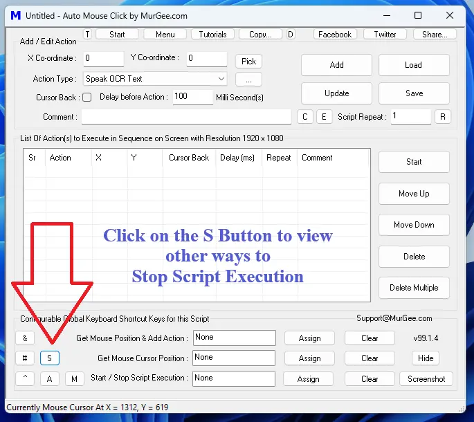 Screenshot displays How to Launch Auto Stop Script Execution Screen from the Main Screen of Auto Mouse Click Utility