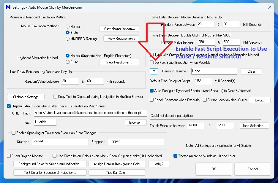 Screenshot of Settings Displays How to Enable Fast Script Execution and Pause / Resume Keyboard Shortcut