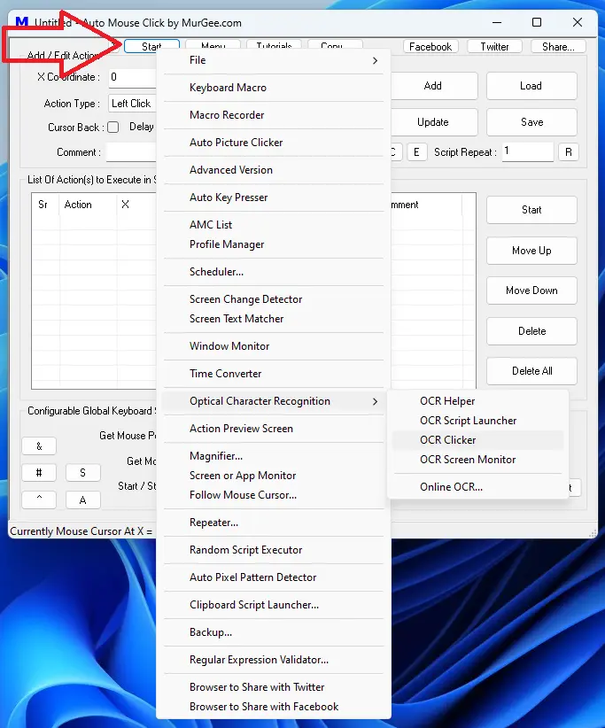 Start Menu of Auto Mouse Click Application Utility displaying OCR Menu Options Start Menu of Auto Mouse Click Application Utility displaying OCR Menu Options