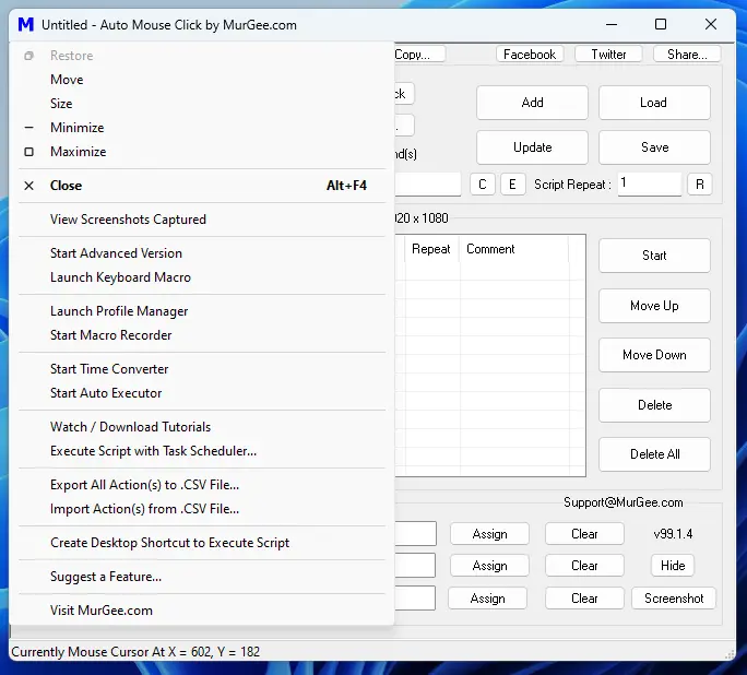 System Menu of Auto Mouse Click by MurGee.com System Menu of Auto Mouse Click by MurGee.com