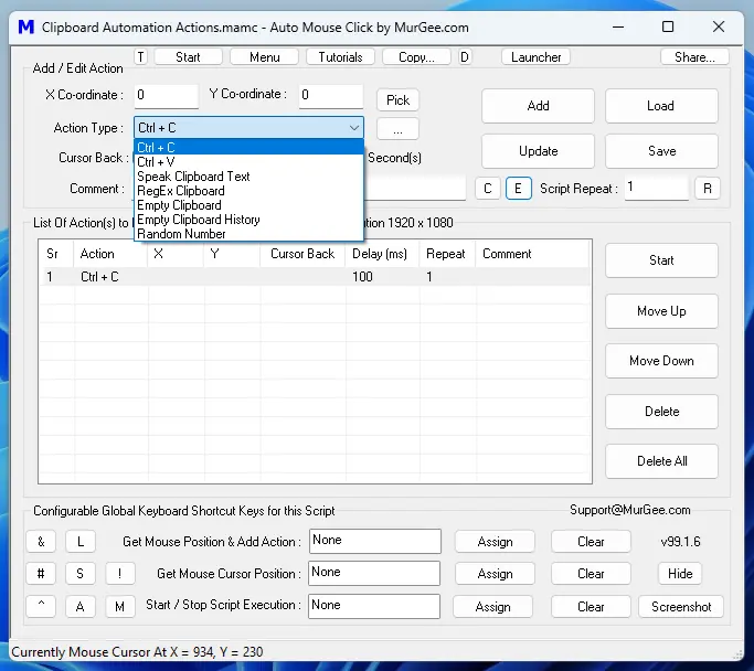 Screenshot displaying actions related to Clipboard Data processing in Auto Mouse Click by MurGee.com